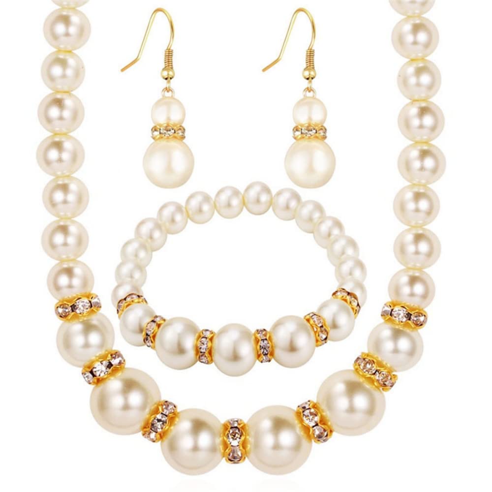SANNIDHI Necklace Set for Women Stylish Pearl Bracelet with Pearl Earrings & Pearl Mala Necklace Jewellery Set for Women & Girl Gift, White - 3 Combo Pack SANNIDHI Necklace Set for Women Stylish Pearl Bracelet with Pearl Earrings & Pearl Mala Necklace Jewellery Set for Women & Girl Gift, White - 3 Combo Pack